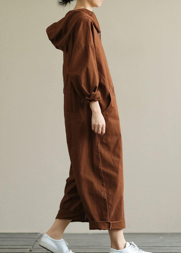 Loose hooded brown all-match long-sleeved ladies nine-point jumpsuit - bagstylebliss