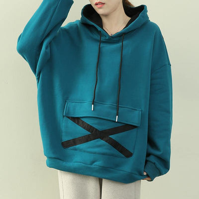 Loose hooded drawstring blouses for women Malachite blue Dresses shirt - bagstylebliss