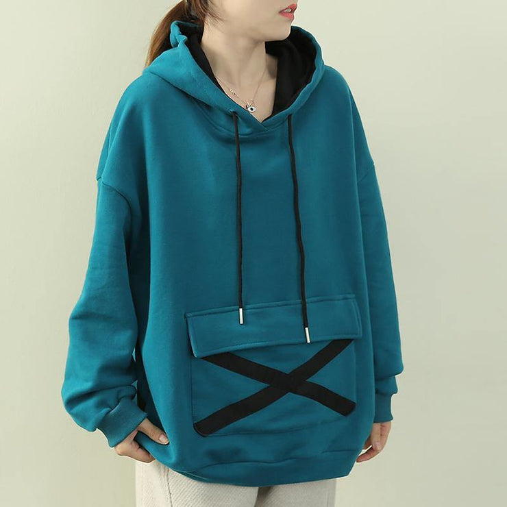 Loose hooded drawstring blouses for women Malachite blue Dresses shirt - bagstylebliss