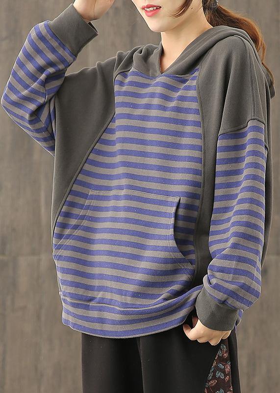 Loose hooded patchwork top Neckline blue striped tops - bagstylebliss