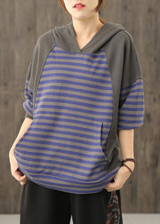 Loose hooded patchwork top Neckline blue striped tops - bagstylebliss