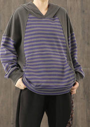 Loose hooded patchwork top Neckline blue striped tops - bagstylebliss