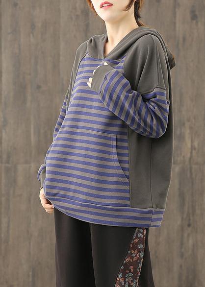 Loose hooded patchwork top Neckline blue striped tops - bagstylebliss