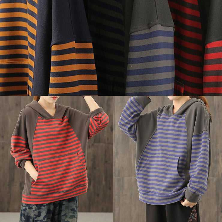 Loose hooded patchwork top Neckline blue striped tops - bagstylebliss