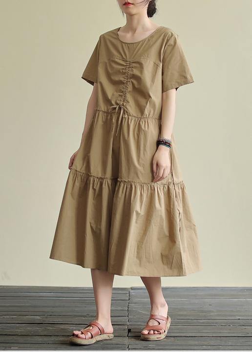 Loose khaki cotton Tunics o neck drawstring Traveling summer Dress - bagstylebliss