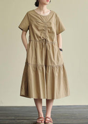 Loose khaki cotton Tunics o neck drawstring Traveling summer Dress - bagstylebliss