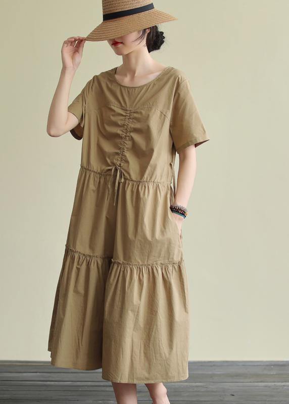 Loose khaki cotton Tunics o neck drawstring Traveling summer Dress - bagstylebliss