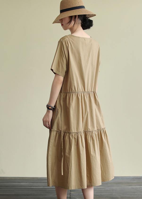 Loose khaki cotton Tunics o neck drawstring Traveling summer Dress - bagstylebliss