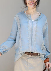 Loose khaki linen clothes lace patchwork loose v neck tops - bagstylebliss