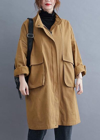 Loose khaki  coat for woman Outfits stand collar Large pockets coat - bagstylebliss