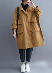 Loose khaki  coat for woman Outfits stand collar Large pockets coat - bagstylebliss