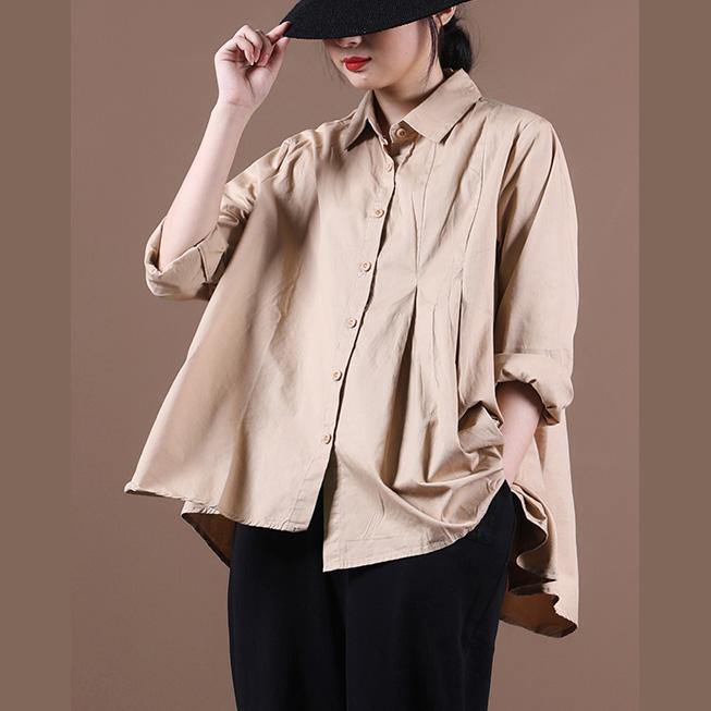 Loose khaki tops women blouses lapel large hem tunic fall shirts - bagstylebliss