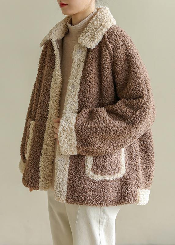 Loose lapel collar fine patchwork Coats Women chocolate daily jackets - bagstylebliss