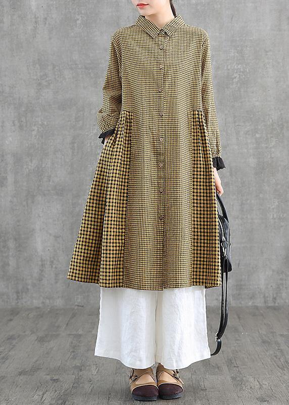 Loose lapel patchwork cotton Wardrobes Tunic Tops yellow plaid Dress - bagstylebliss