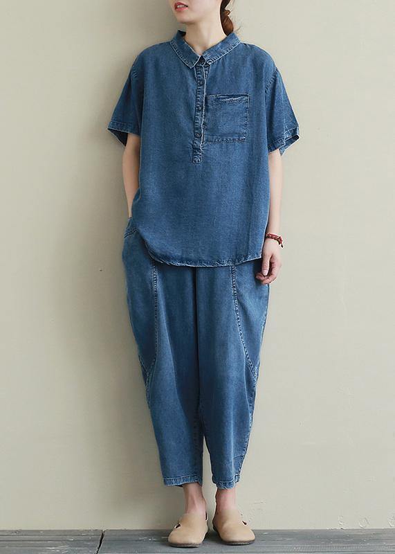 Loose large size thin section blue denim casual suit female lapel short sleeve shirt harem pants two-piece suit - bagstylebliss