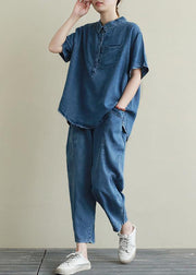 Loose large size thin section blue denim casual suit female lapel short sleeve shirt harem pants two-piece suit - bagstylebliss