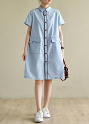 Loose light blue dress silhouette lapel pockets box summer shirts - bagstylebliss