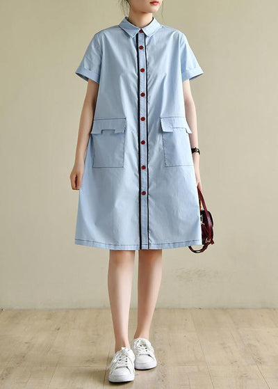 Loose light blue dress silhouette lapel pockets box summer shirts - bagstylebliss