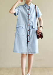 Loose light blue dress silhouette lapel pockets box summer shirts - bagstylebliss