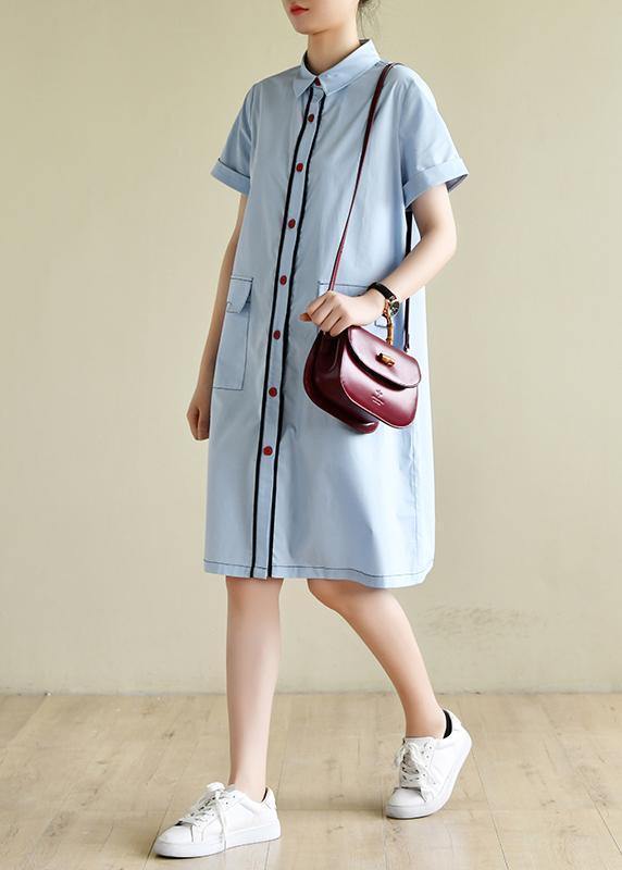 Loose light blue dress silhouette lapel pockets box summer shirts - bagstylebliss