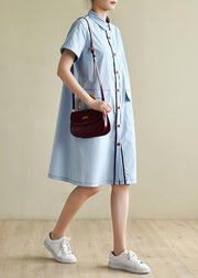 Loose light blue dress silhouette lapel pockets box summer shirts - bagstylebliss