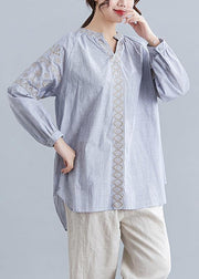 Loose light blue embroidery cotton clothes For Women v neck blouse - bagstylebliss