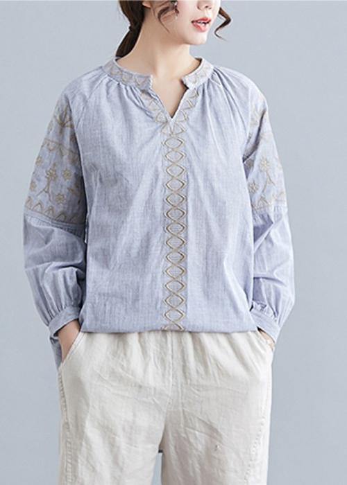 Loose light blue embroidery cotton clothes For Women v neck blouse - bagstylebliss