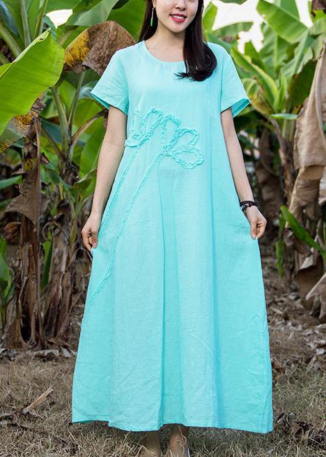 Loose light blue linen dress o neck pockets Love summer Dress - bagstylebliss