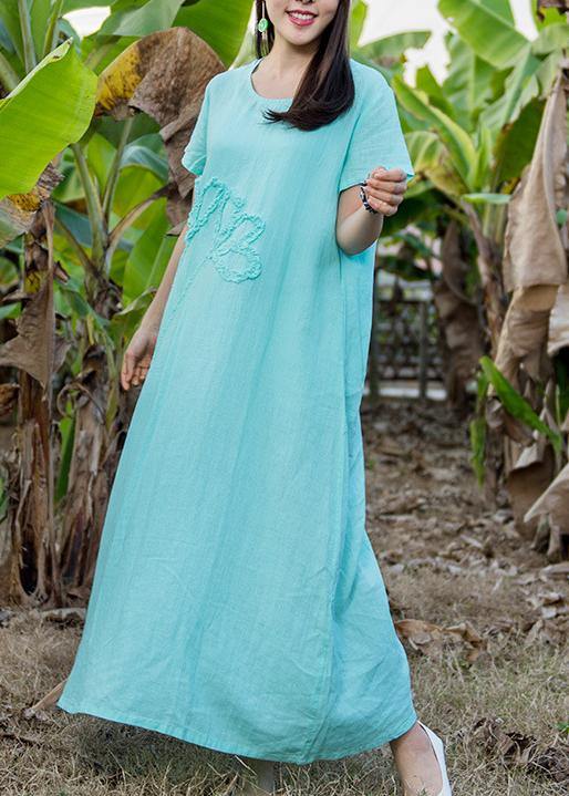 Loose light blue linen dress o neck pockets Love summer Dress - bagstylebliss