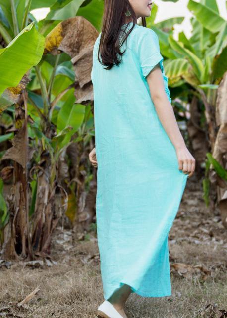 Loose light blue linen dress o neck pockets Love summer Dress - bagstylebliss