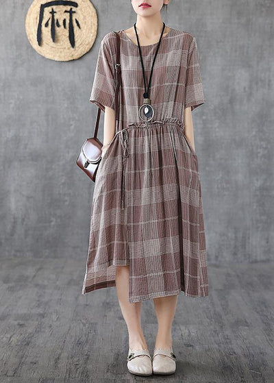 Loose light purple plaid cotton Robes o neck asymmetric Maxi Dress - bagstylebliss