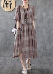 Loose light purple plaid cotton Robes o neck asymmetric Maxi Dress - bagstylebliss