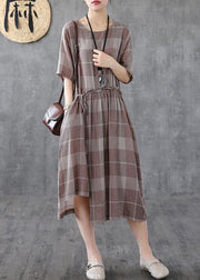 Loose light purple plaid cotton Robes o neck asymmetric Maxi Dress - bagstylebliss