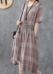 Loose light purple plaid cotton Robes o neck asymmetric Maxi Dress - bagstylebliss