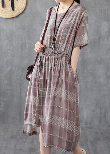 Loose light purple plaid cotton Robes o neck asymmetric Maxi Dress - bagstylebliss