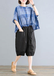 Loose linen pattern Women Agaric Lace Plaid T-Shirt And Black Pants - bagstylebliss