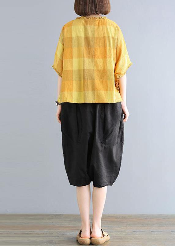 Loose linen pattern Women Agaric Lace Plaid T-Shirt And Black Pants - bagstylebliss