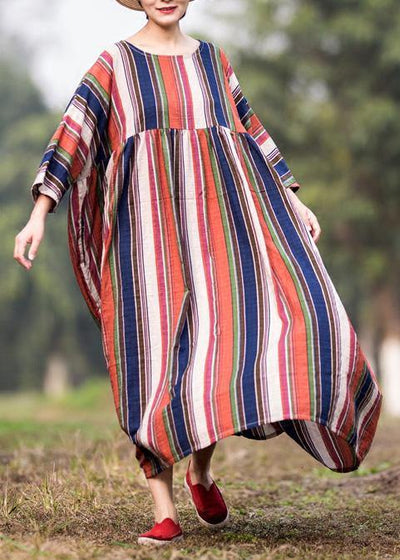 Loose multicolor striped cotton clothes exra large hem o neck Maxi summer Dresses - bagstylebliss
