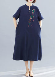 Loose navy cotton quilting dresses embroidery A Line summer Dresses - bagstylebliss