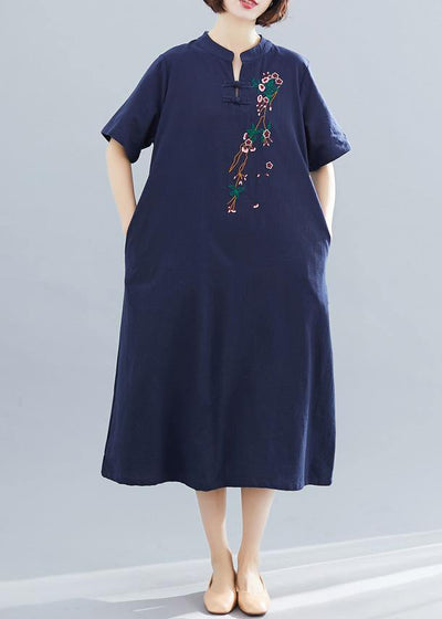 Loose navy cotton quilting dresses embroidery A Line summer Dresses - bagstylebliss