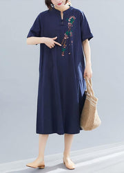 Loose navy cotton quilting dresses embroidery A Line summer Dresses - bagstylebliss