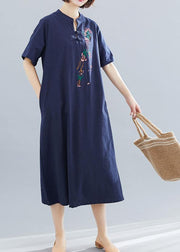 Loose navy cotton quilting dresses embroidery A Line summer Dresses - bagstylebliss