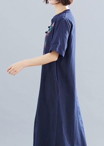 Loose navy cotton quilting dresses embroidery A Line summer Dresses - bagstylebliss