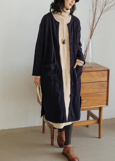 Loose navy fine clothes For Women Wardrobes o neck side open coat - bagstylebliss