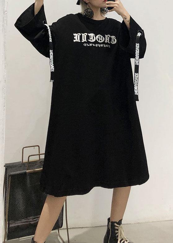 Loose o neck Cotton dresses Shirts black print Dresses - bagstylebliss