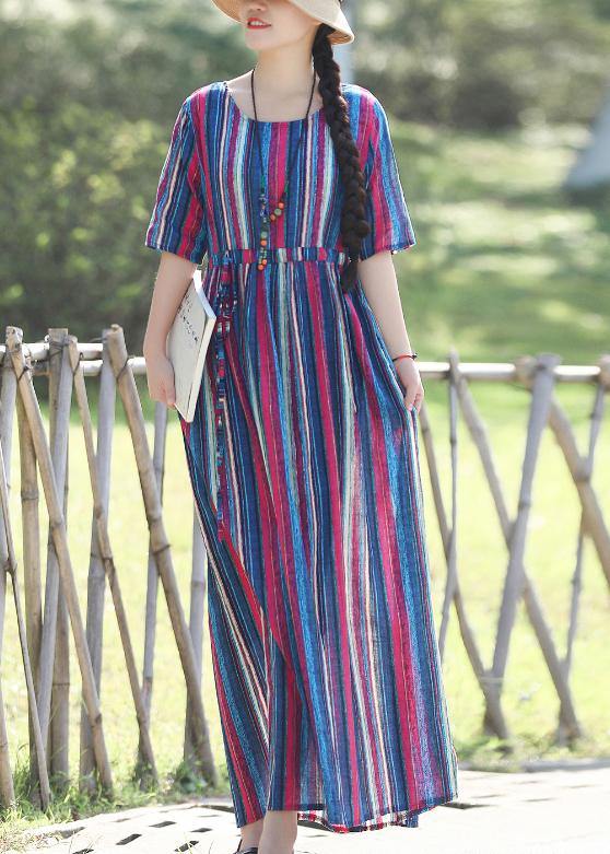 Loose o neck Half sleeve linen cotton outfit 2019 Photography blue striped long Dresses Summer - bagstylebliss