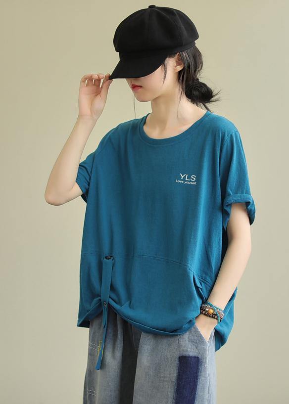 Loose o neck Letter cotton tunics for women Tunic Tops blue blouse - bagstylebliss