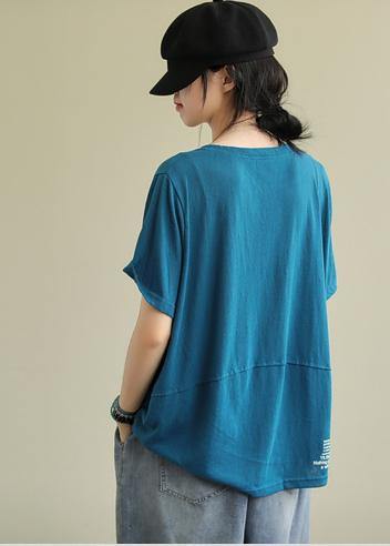 Loose o neck Letter cotton tunics for women Tunic Tops blue blouse - bagstylebliss