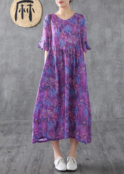 Loose o neck Petal Sleeve linen Robes Fashion Ideas purple print Dress summer - bagstylebliss