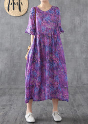 Loose o neck Petal Sleeve linen Robes Fashion Ideas purple print Dress summer - bagstylebliss